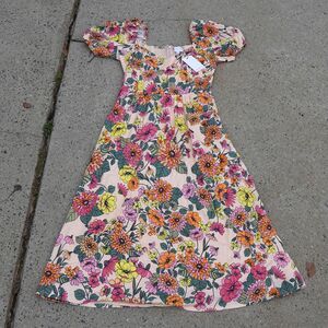 Sugarlips NWT Floral Puff Sleeve Midi Dress Size M Cottagecore Pink Romantic